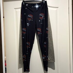Festive Black Leggings with Santa Hat Wine Glasses